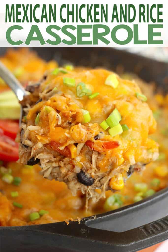 Collage of closeup shot of spoonful of Mexican chicken and rice casserole.